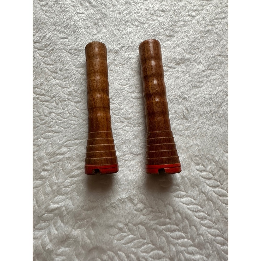 Vintage Industrial Wooden Textile Bobbins Mill Quills Red Base Set of 2